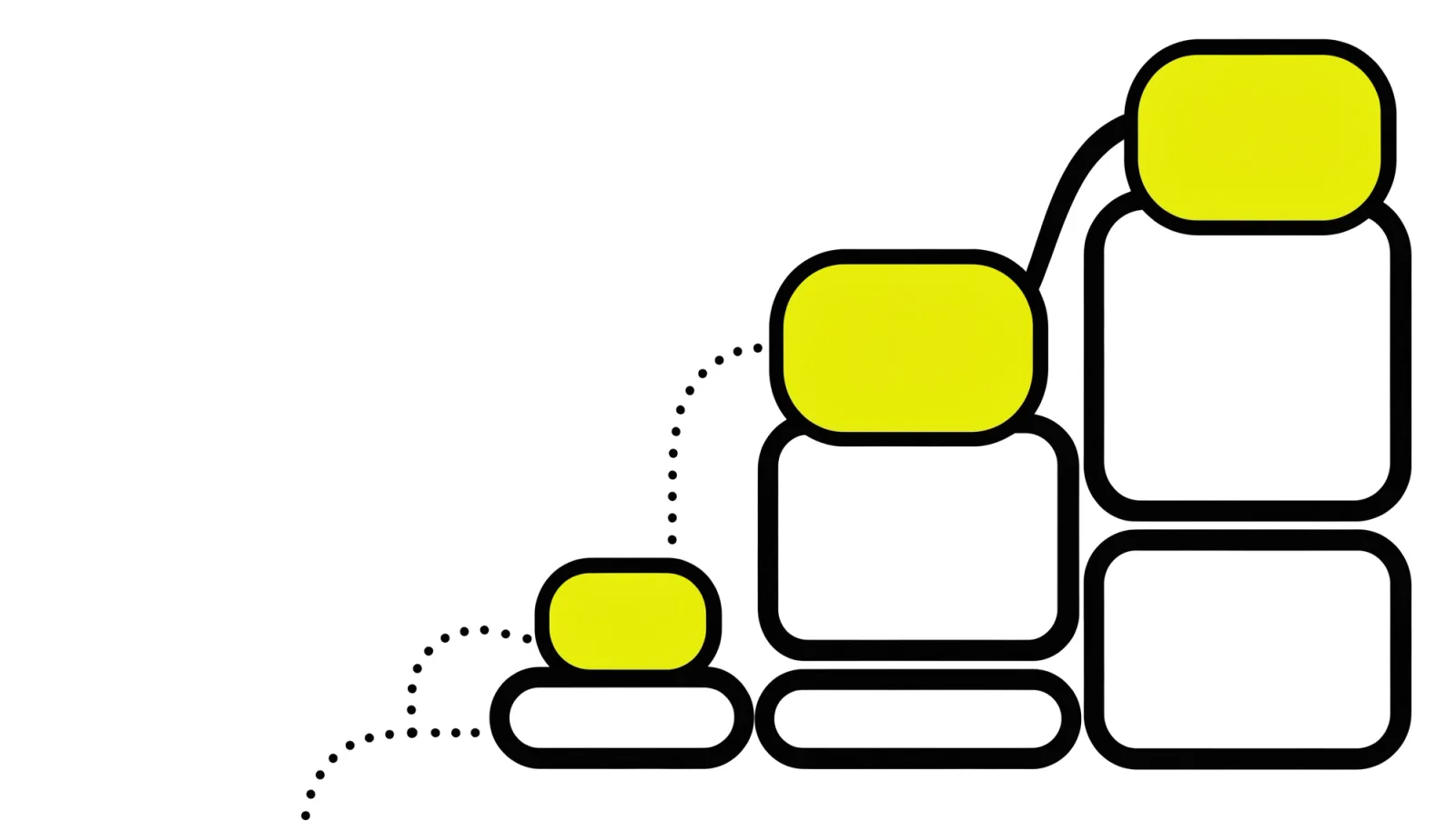 A small highlighted card on the lowest step, linked by dotted paths to larger cards on the higher steps, with one path drawn solid to the top card.