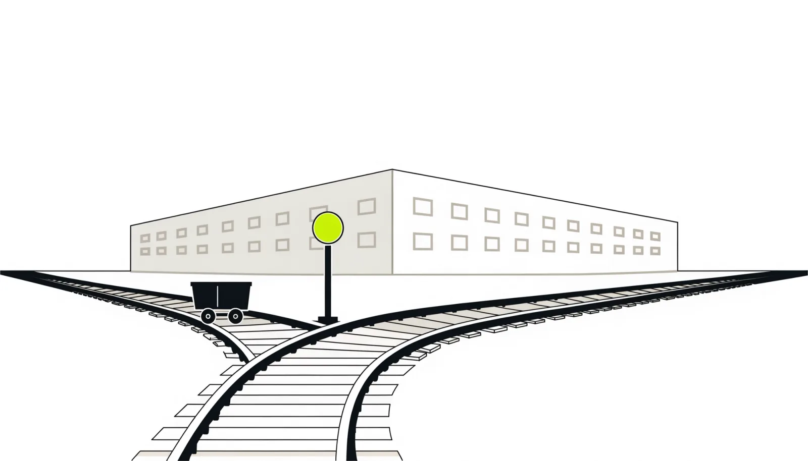 A railway junction seen from above: a small cart waits on a branch track just before it joins the main line, beside a single lit signal.