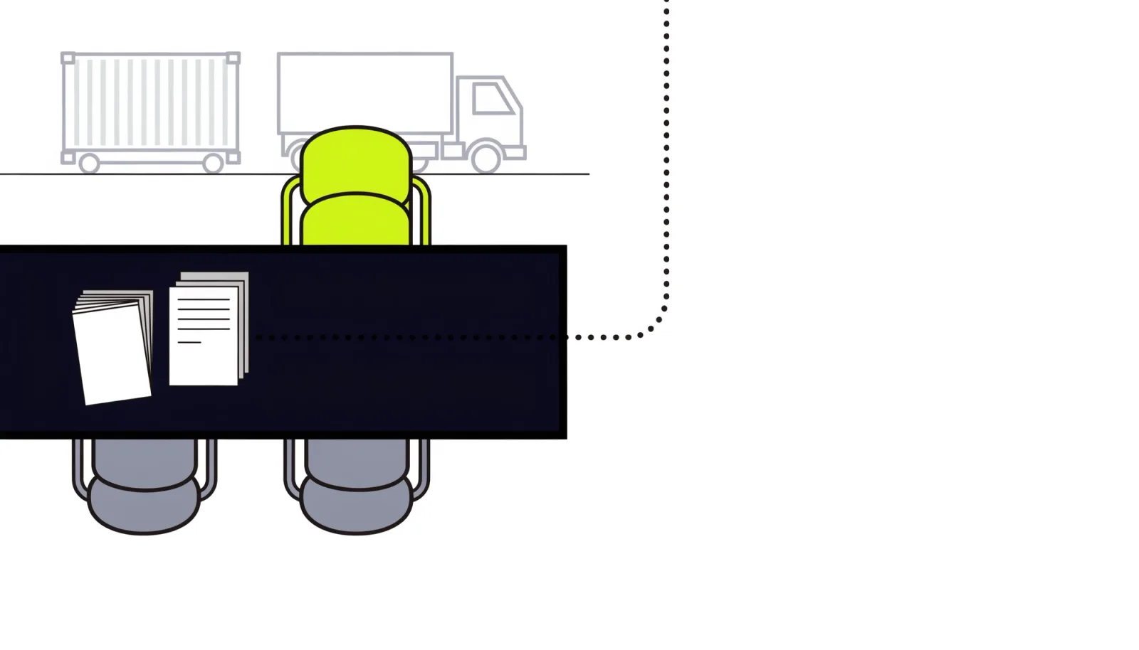 A boardroom table seen from above: a folder of invoices sits between the side chairs, and the lime head chair at the far end stands empty.