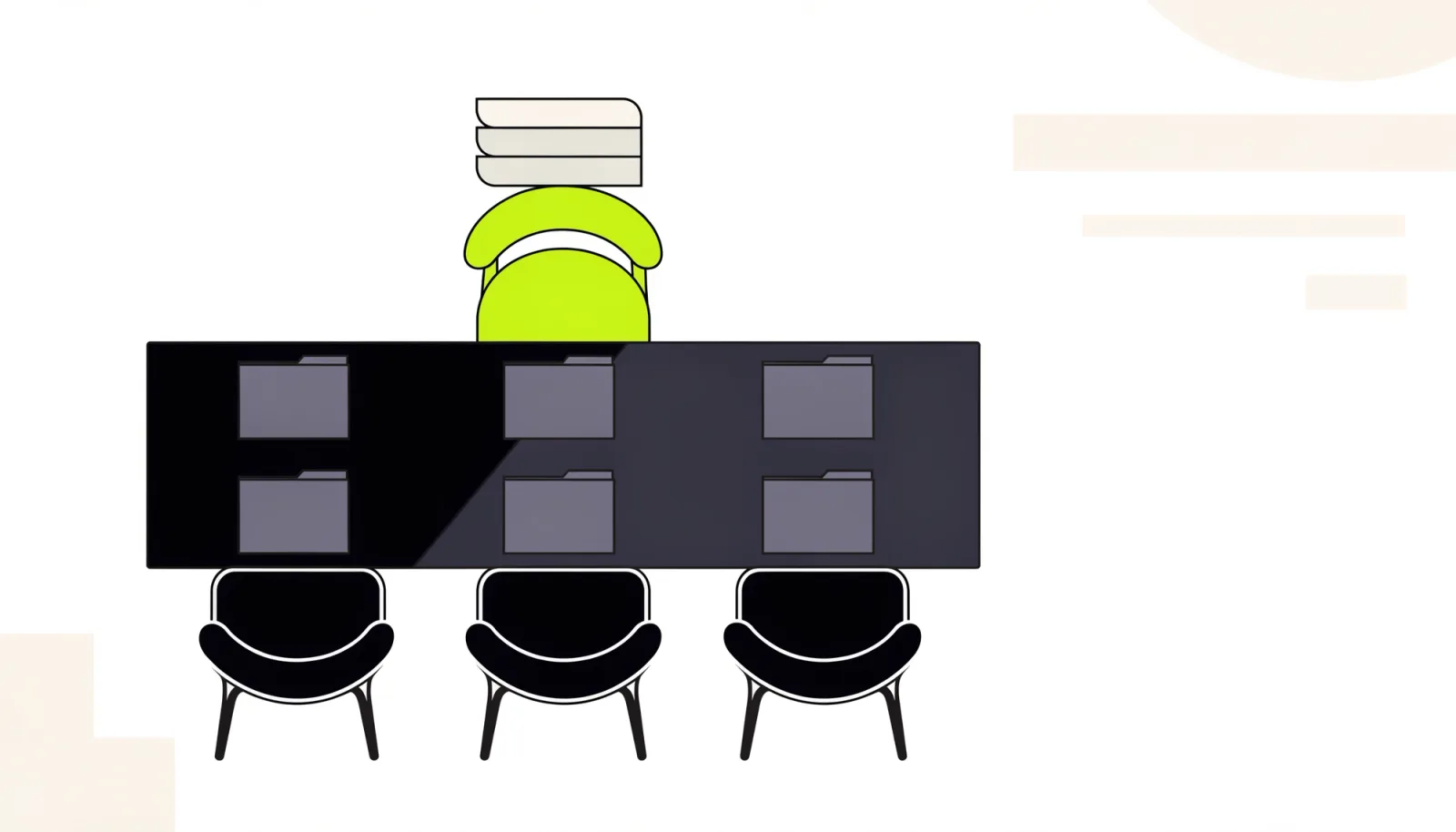 A meeting table seen from above, with folders in front of 4 chairs and an empty chair at the head highlighted in lime.