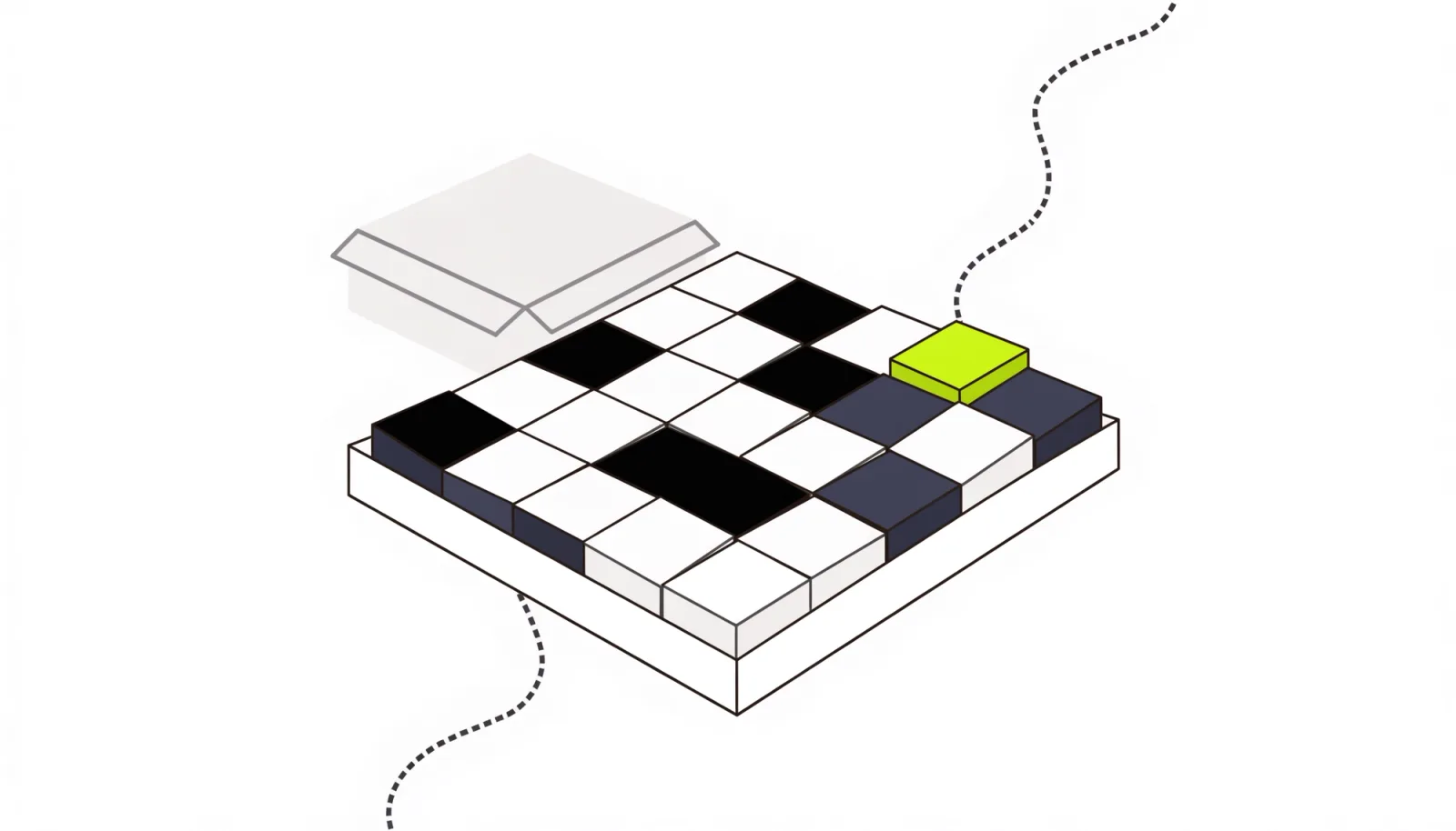 A tray of tiles seen from above, a third of them turned face-down, with a dotted path leading to the one lime tile.