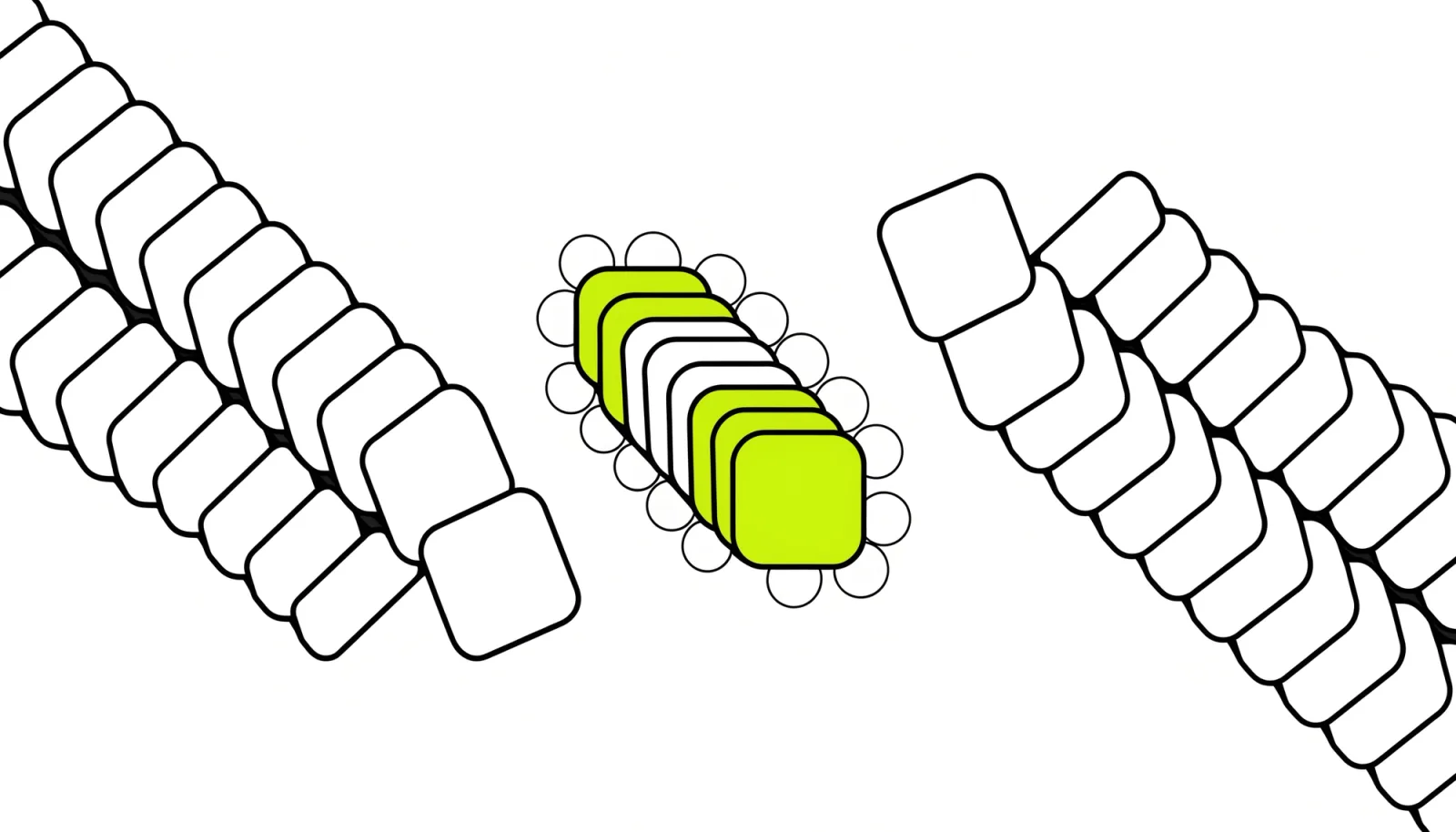 Two paths carrying long rows of cards meet at one short stack of tiles, three of them lime and ringed by small linked circles