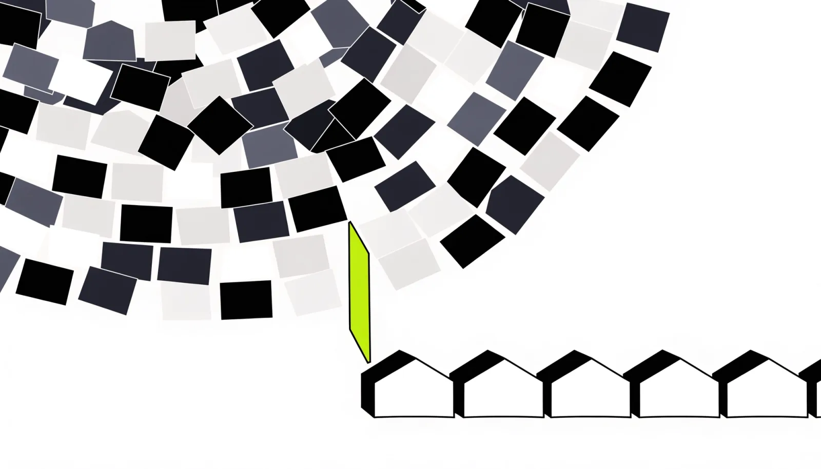 A heap of mixed grey tiles passes through a single lime gate, leaving a short row of warehouse-shaped tiles on clean paper.