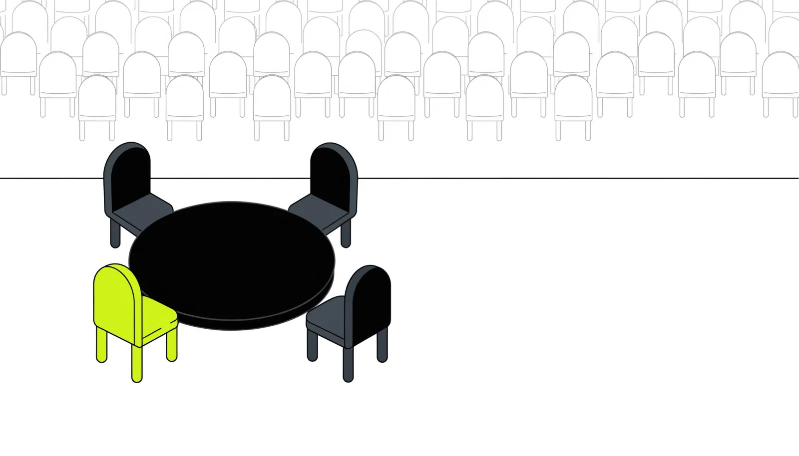 A round table with four empty chairs, one of them lime, in front of a faint field of hundreds of small grey chairs.