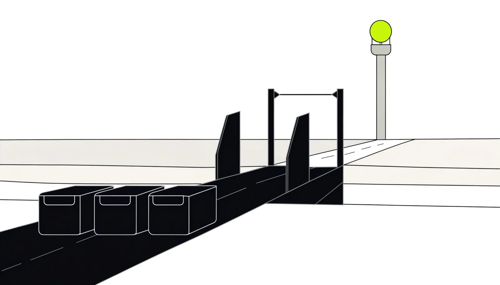 A row of 3 crates waits on a road at a raised drawbridge while a single lime signal lamp on a control tower across the water decides when they can cross.