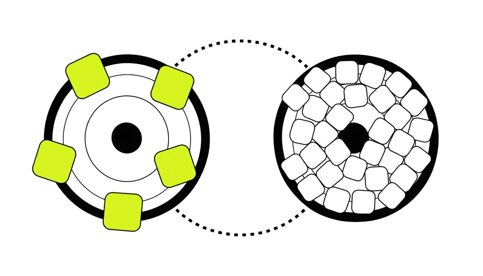 Two targets: a few large tiles scattered widely around one, many small tiles packed tightly at the centre of the other.