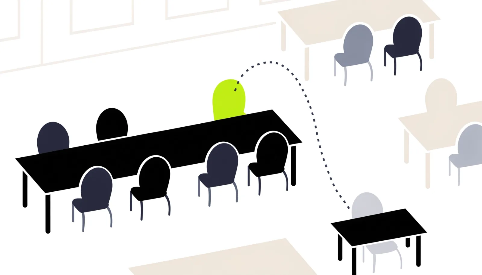 A boardroom table seen from above with a new lime chair at its head, the old chair pushed aside and a dotted path leading from the new chair to a single desk.