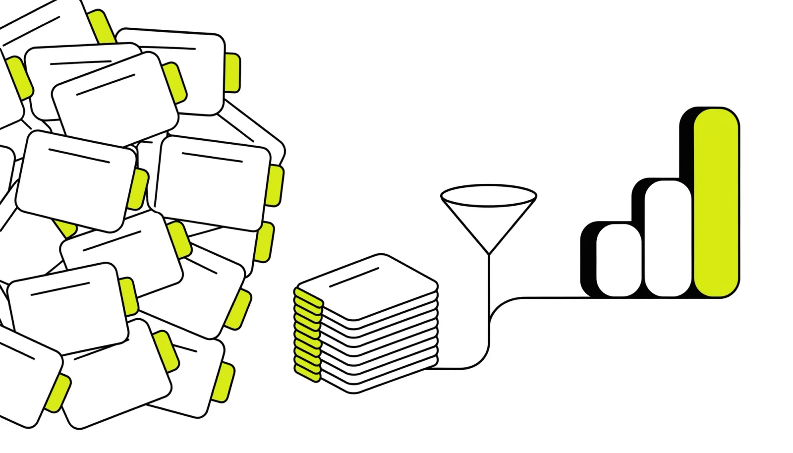 Illustration: an untidy pile of record cards, a neat stack of lime-tabbed cards passing through a funnel, and a bar chart with a single lime bar.