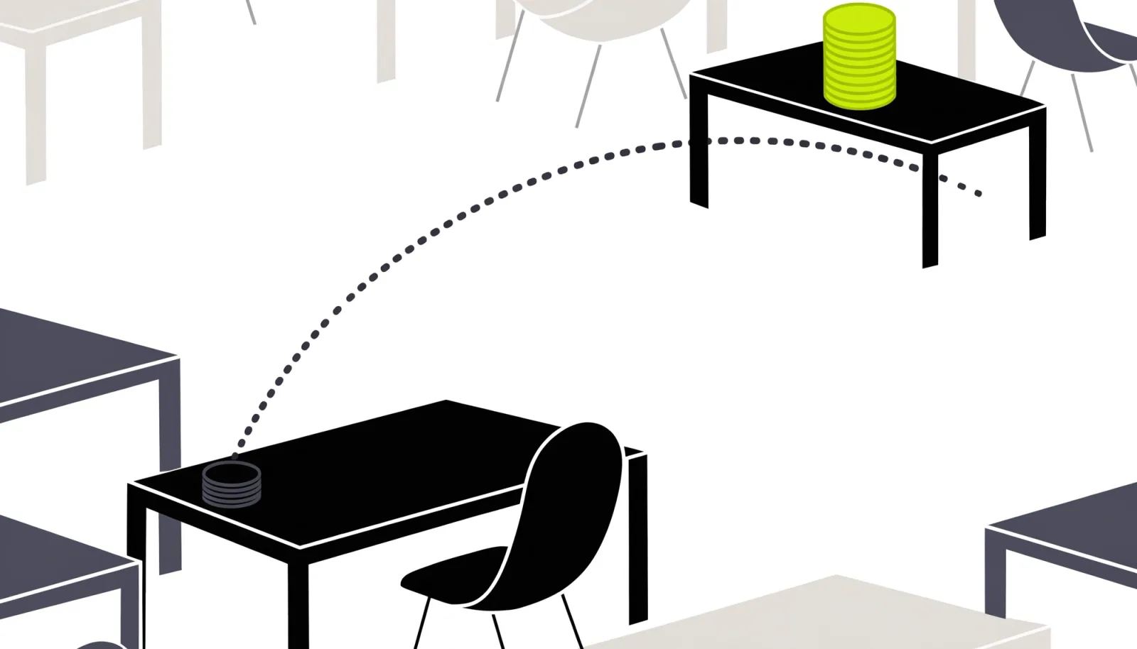 Two desks on an open floor: a stack of coins has moved from the near desk to the far one, with a dotted arc between them.