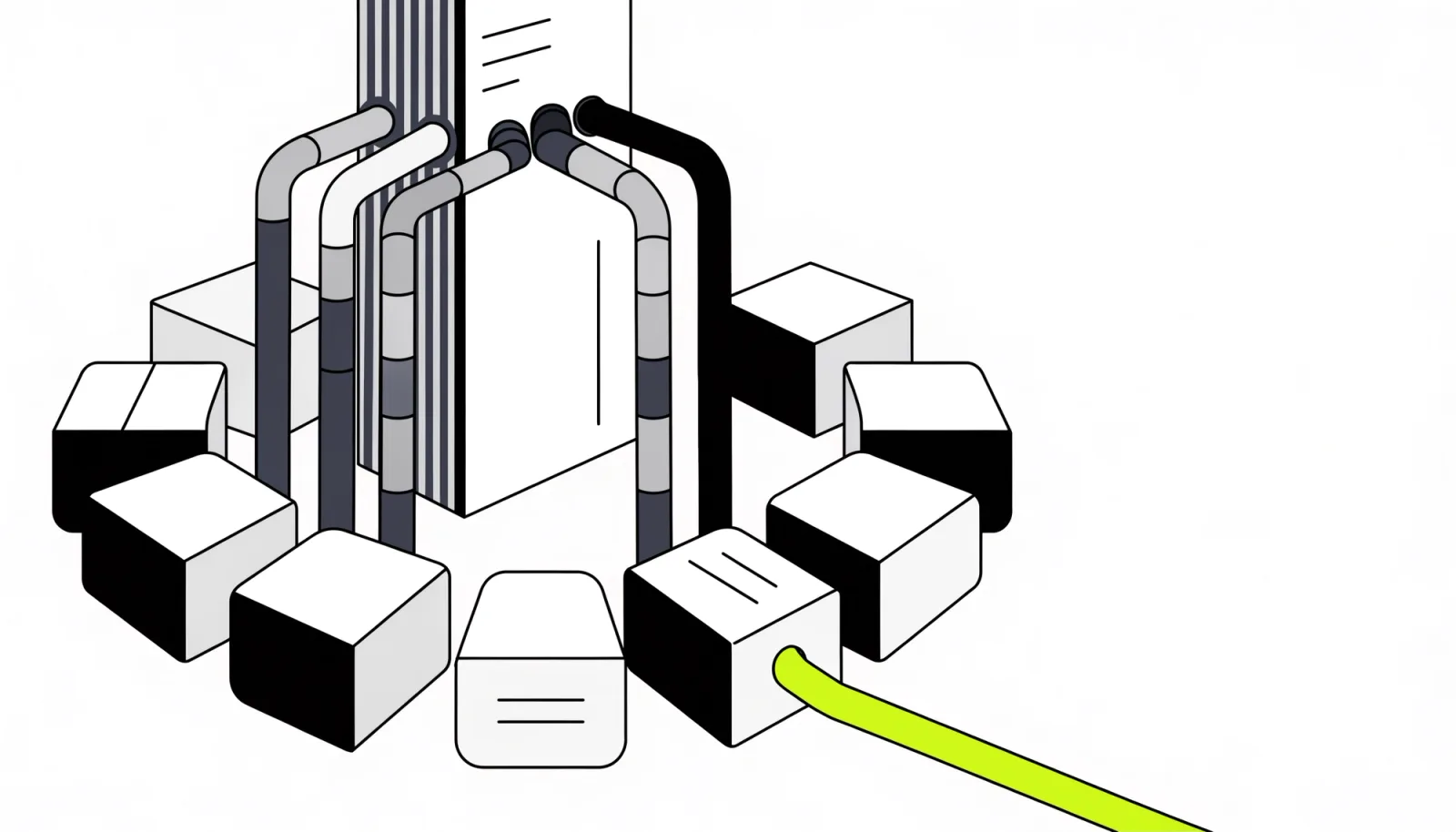 A central tower feeds pipes into large and small blocks, while one small block in front runs its own lime pipe out into open space.