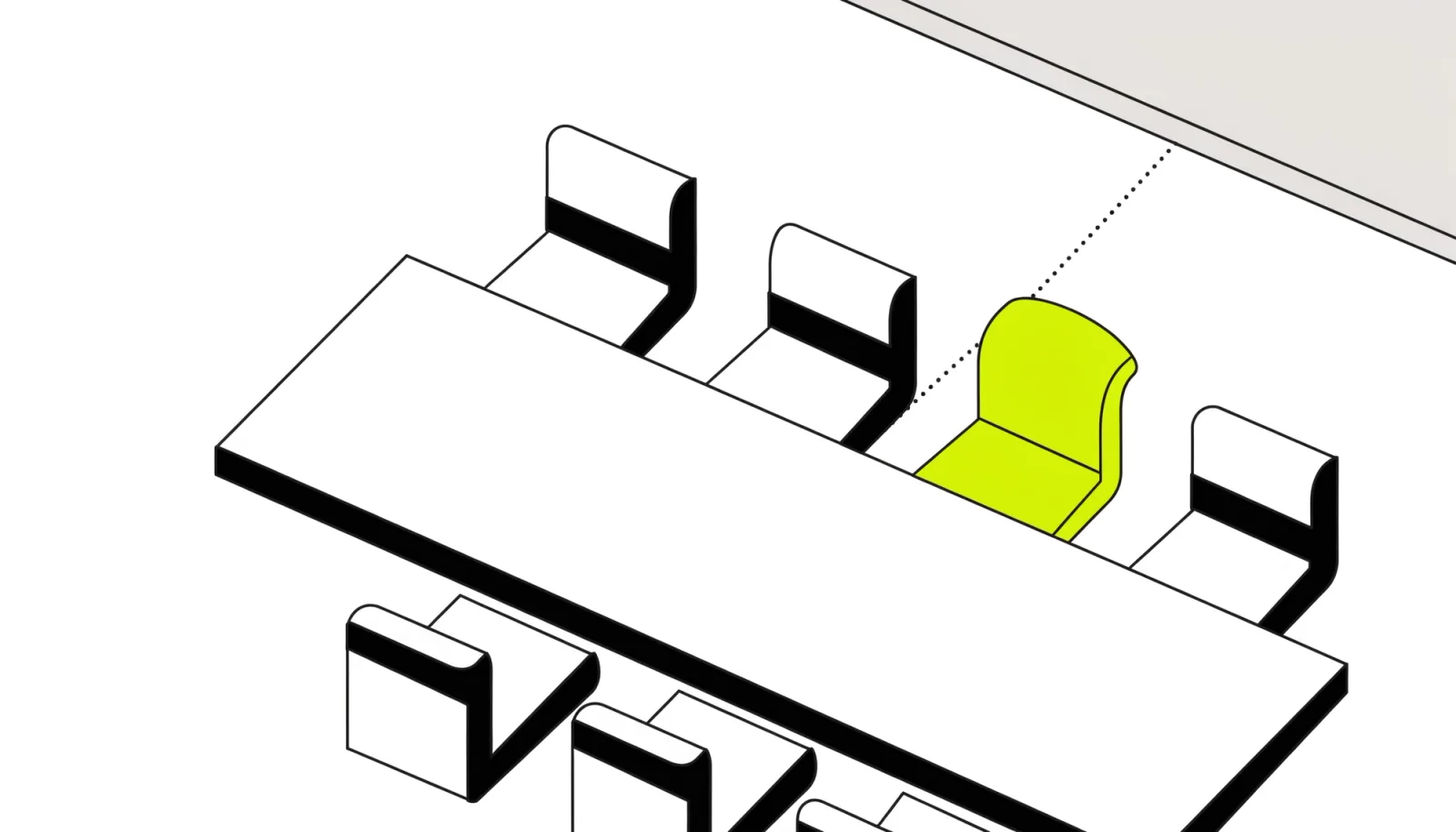 A boardroom table seen from above with its old chairs pushed back and empty, one new lime chair at its head and a dotted path to a larger table behind it.