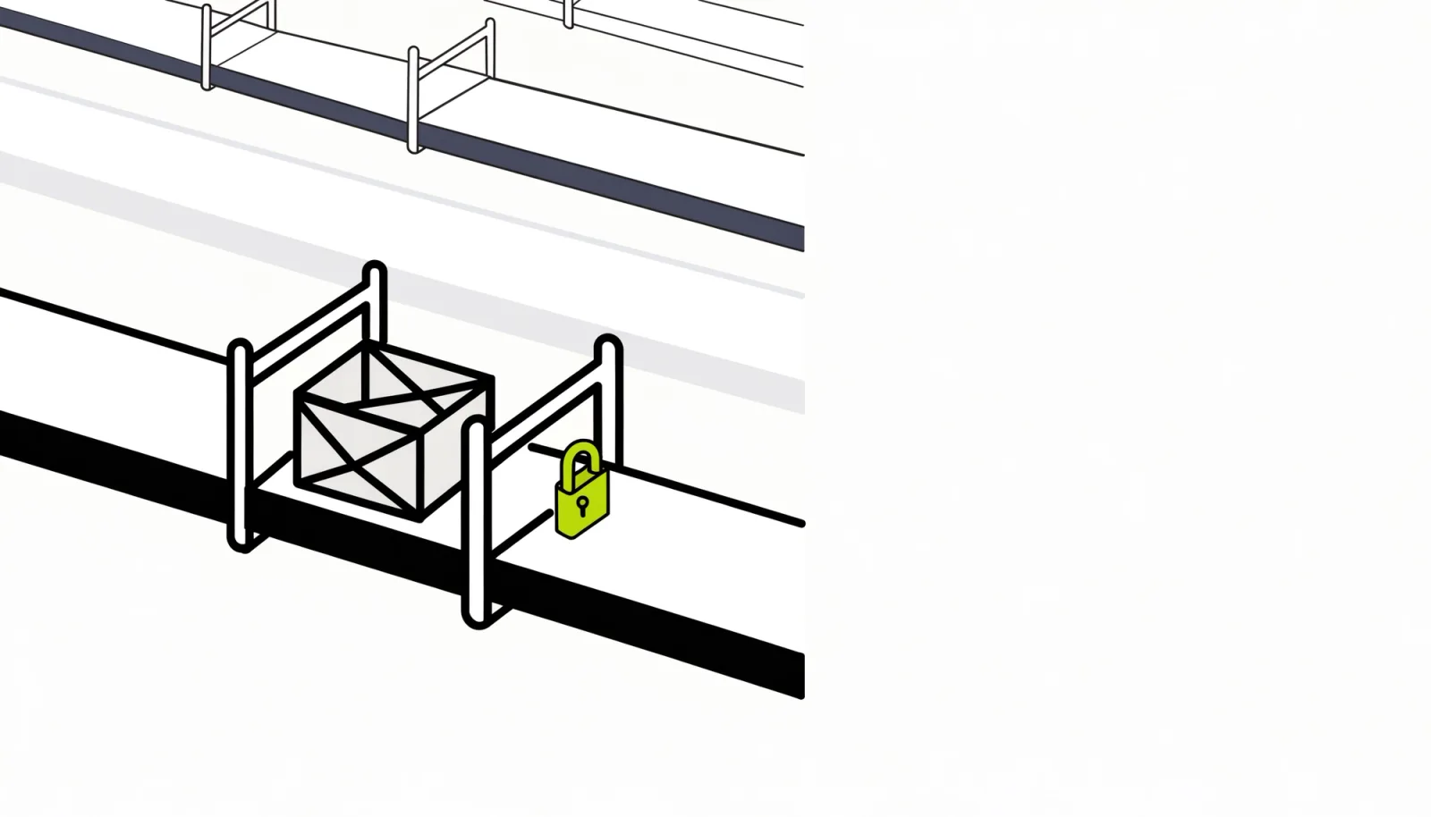 A crate on a factory conveyor has passed an open gate and waits at a second gate closed with a lime padlock, with 3 empty conveyor lines in the background.