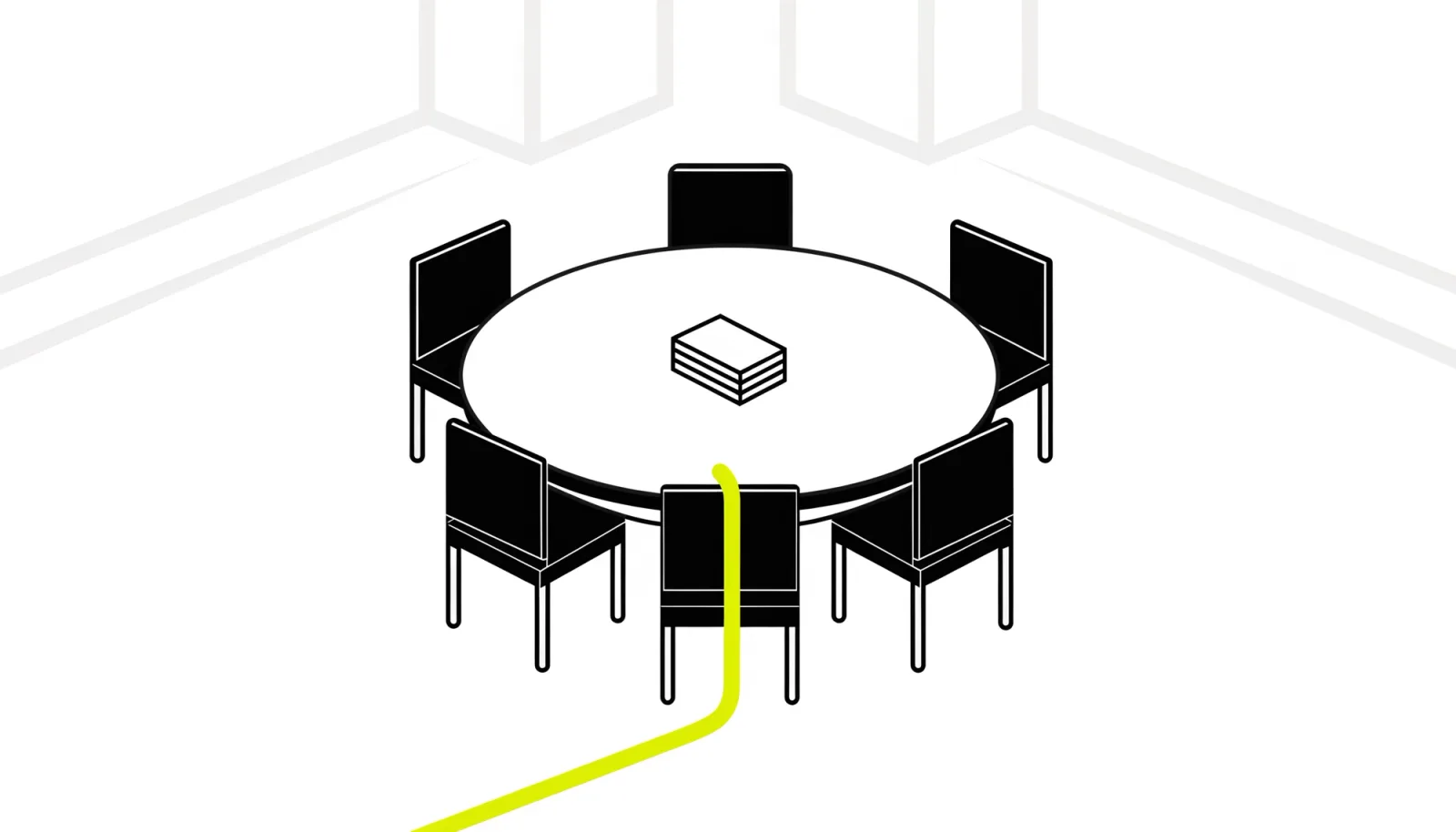 A round table seen from above with 6 chairs and a face-down stack of cards at its centre, and a lime line that reaches one chair.